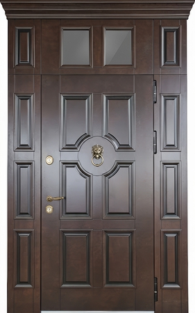 Входная группа с терморазрывом, верхней остекленной вставкой с карнизом, кнокером и отделкой МДФ со шпоном